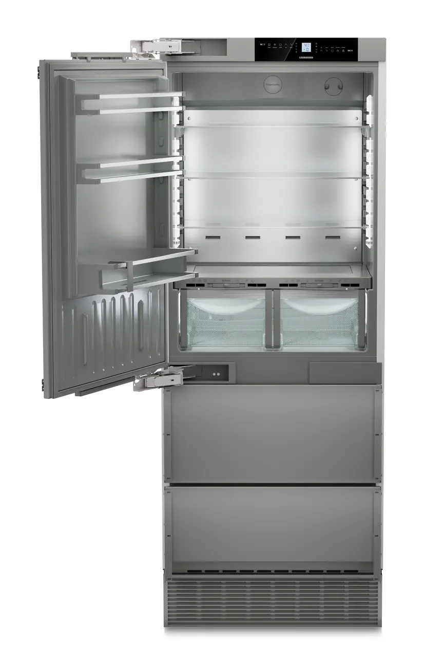 Product image, Perspective: straight open empty, Combined refrigerator-freezer with BioFresh and NoFrost for integrated use, Casing colour: Anthracite