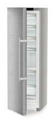 Product image, Perspective: oblique half-open empty, Freestanding freezer with NoFrost and IceTower, Casing colour: silver, Door colour: stainless steel