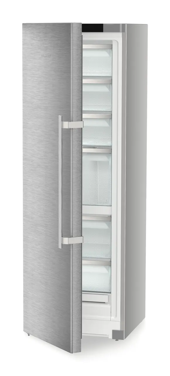 Product image, Perspective: oblique half-open empty, Freestanding freezer with NoFrost and IceTower, Casing colour: silver, Door colour: stainless steel