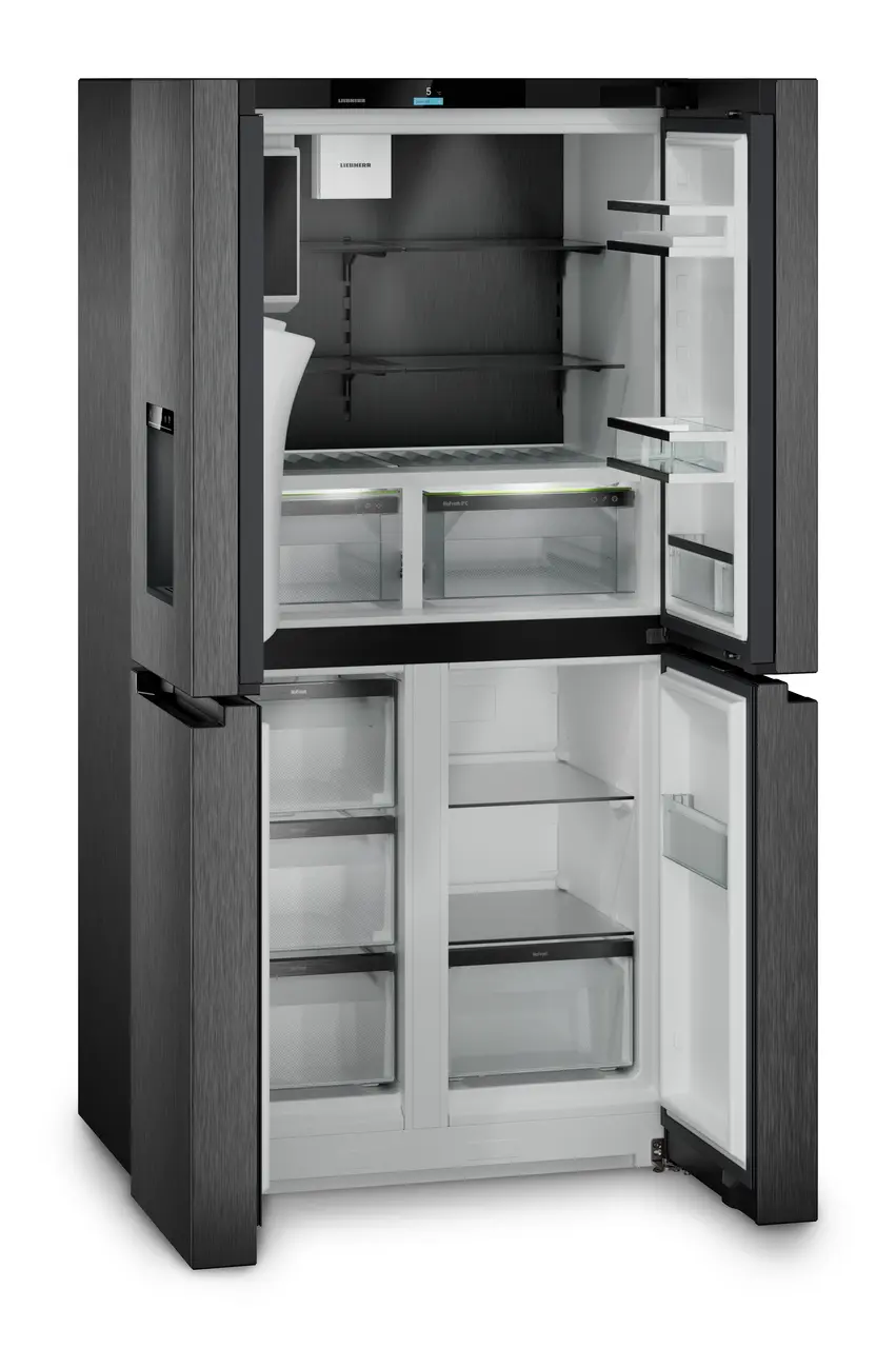 Termékkép, Perspektíva: Ferde nyitott üres, 4 ajtós francia ajtós hűtő-fagyasztó víz- és jégkocka adagolóval