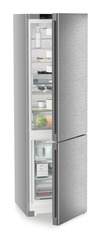 Product image, Perspective: oblique half-open decorated, Combined fridge-freezers with EasyFresh and NoFrost, Casing colour: silver, Door colour: stainless steel