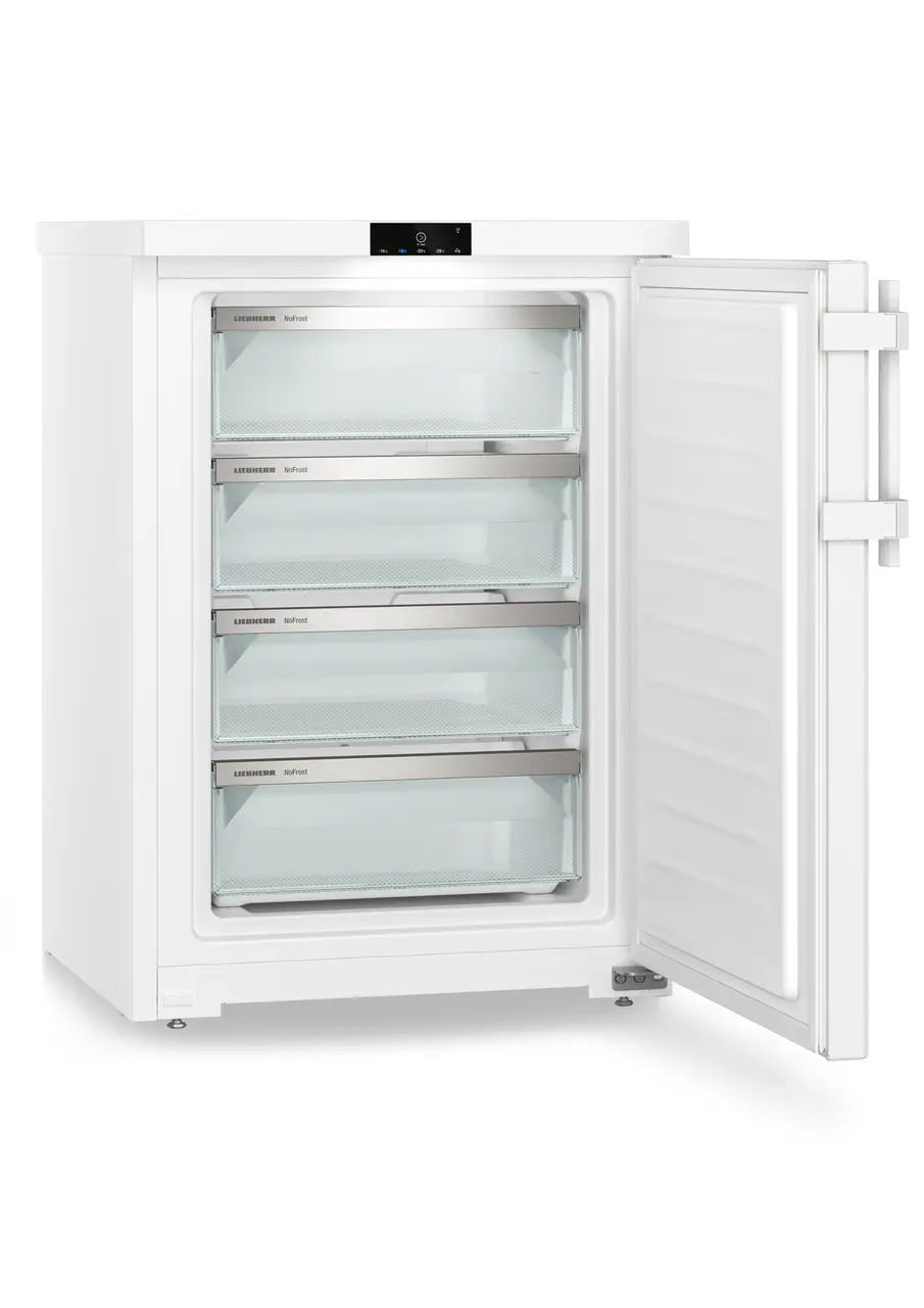 Produkt-Bild, Perspektive: schräg offen leer, Tischgefrierschrank mit NoFrost, Gehäusefarbe: Weiß, Türfarbe: Weiß