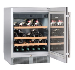 Product image, Perspective: oblique open decorated, Under-worktop wine storage cabinet, Casing colour: silver, Door colour: stainless steel