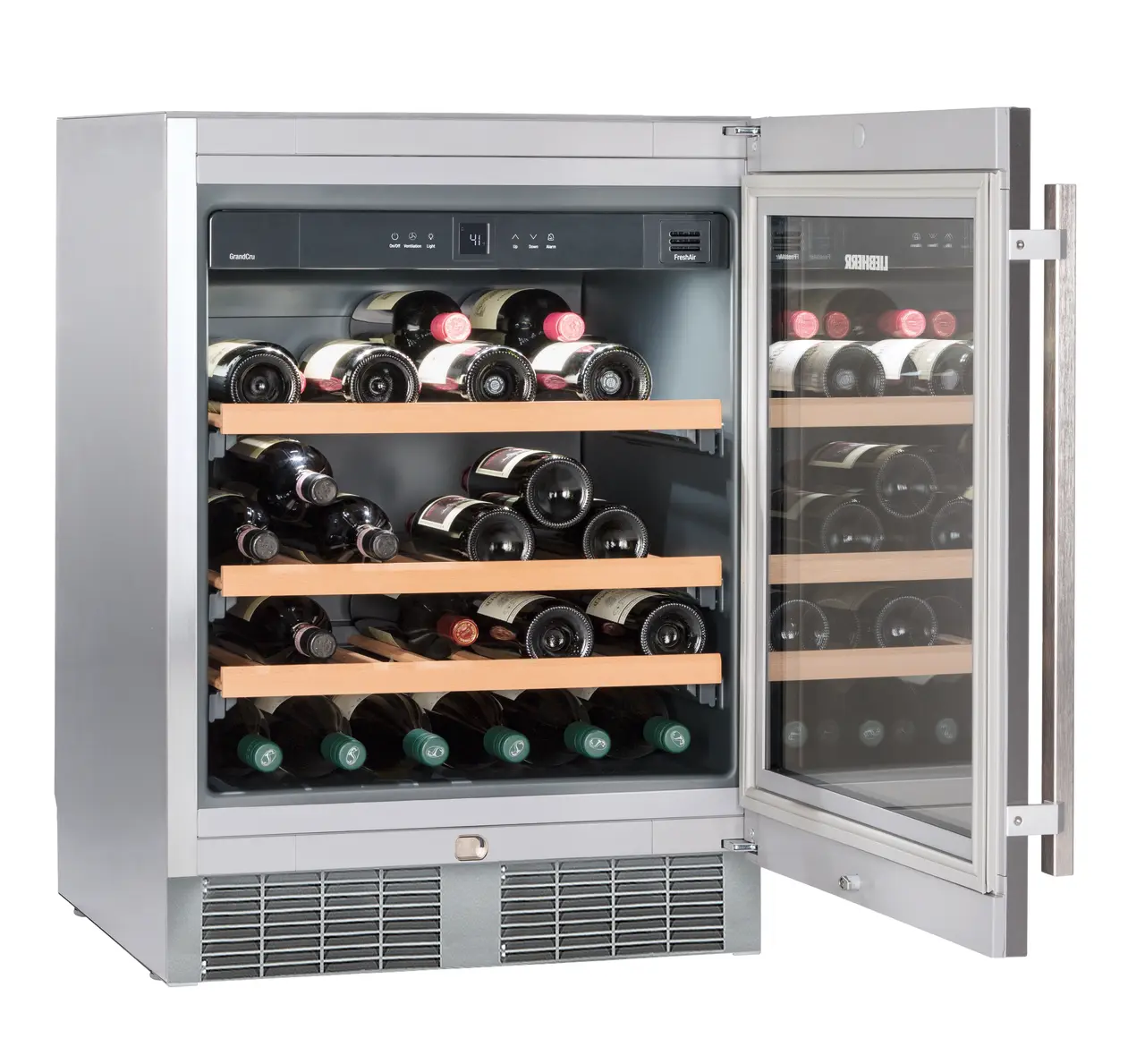 Product image, Perspective: oblique open decorated, Under-worktop wine storage cabinet, Casing colour: silver, Door colour: stainless steel