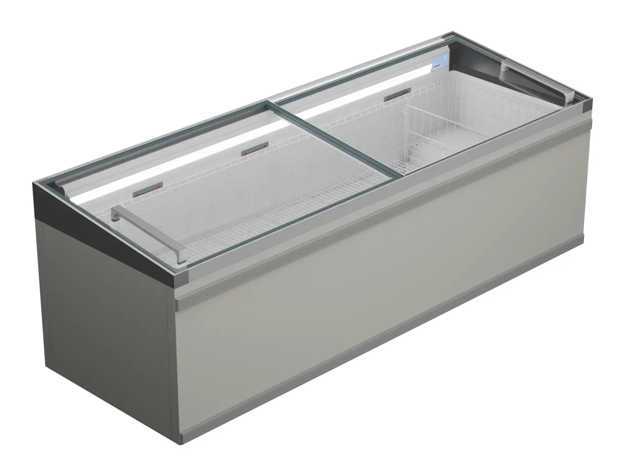 Изображение на продукта, Перспектива: Странично, затворен, Хладилна и фризерна ракла за супермаркет, Цвят на корпуса: сив