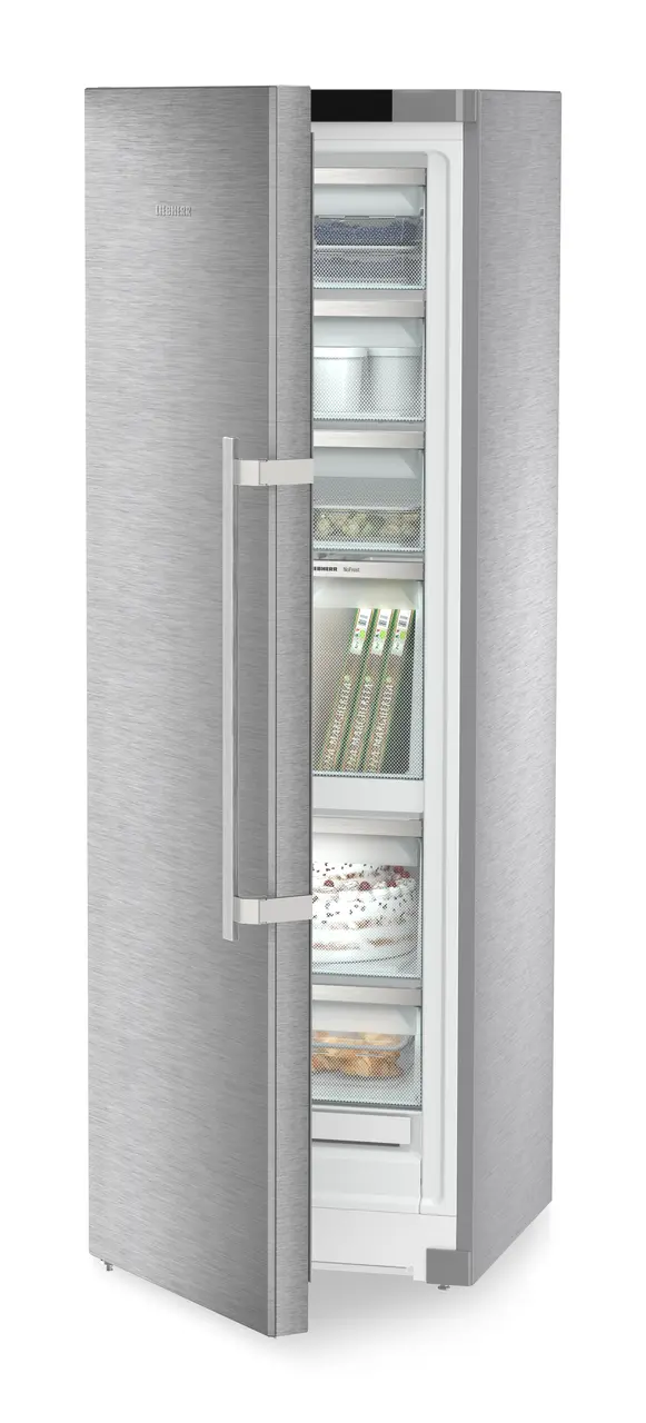 Product image, Perspective: oblique half-open decorated, Freestanding freezer with NoFrost and IceTower, Casing colour: stainless steel, Door colour: stainless steel