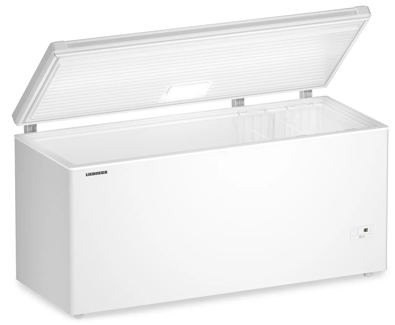 Product image, Perspective: oblique open empty, Chest freezers, Casing colour: white, Door colour: white