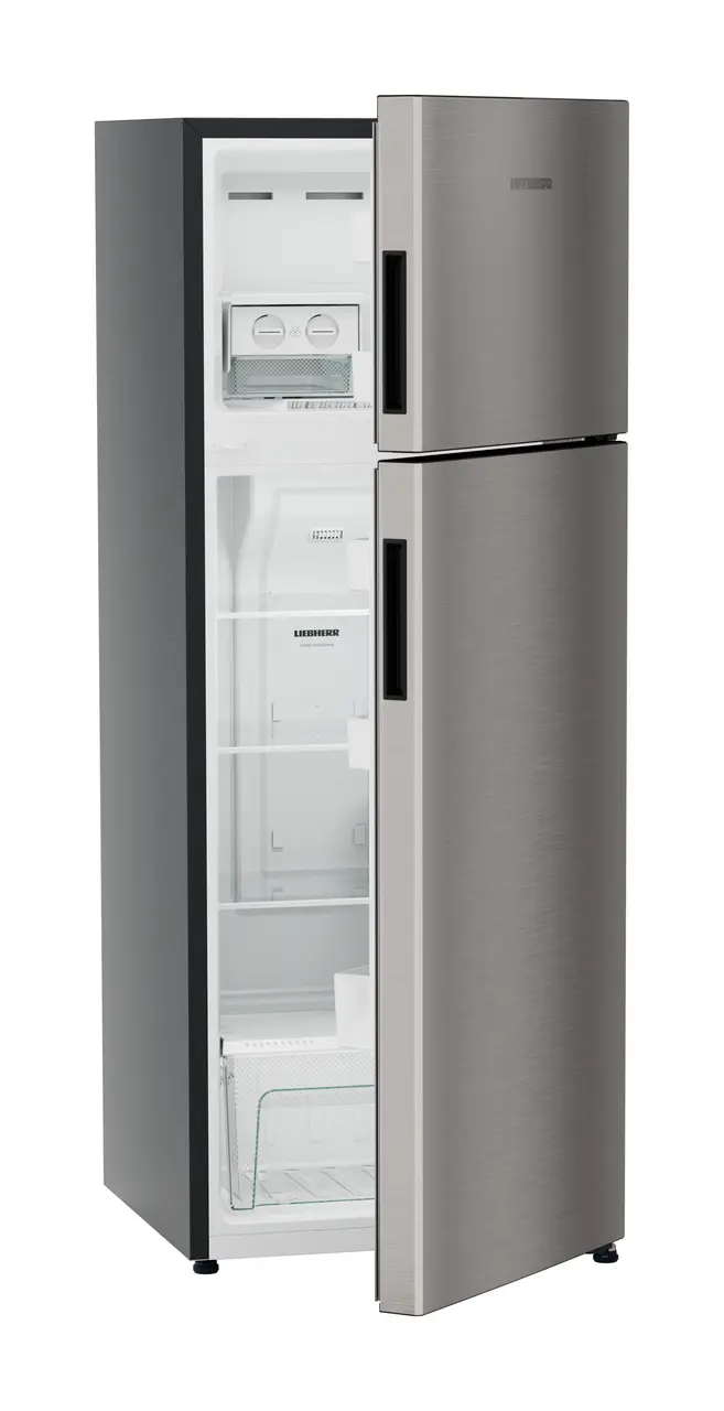Product image, Perspective: oblique half-open empty, Fridge-freezer with NoFrost, Casing colour: grey, Door colour: Grey Steel