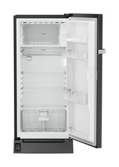 Product image, Perspective: straight open empty, Single-door refrigerator 191 l with foot pedal base drawer and iCoolTouch UI, Casing colour: grey, Door colour: BlackSteel
