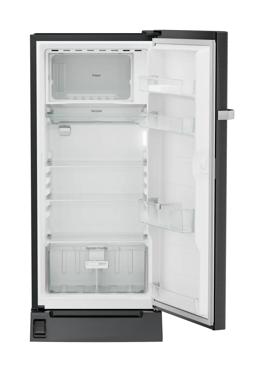 Product image, Perspective: straight open empty, Single-door refrigerator 191 l with foot pedal base drawer and iCoolTouch UI, Casing colour: grey, Door colour: BlackSteel