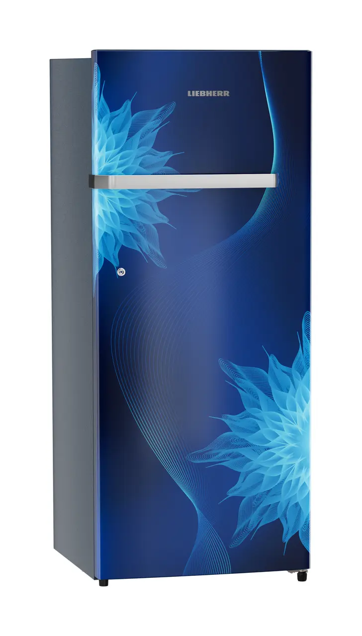 Product image, Perspective: oblique closed, Single-door refrigerator 222 l in 3 star and horizontal handle, Casing colour: blue, Door colour: Blue Mystiq