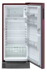 Product image, Perspective: straight open empty, Single-door fridge, 191 l in 2 star with foot pedal base drawer, Casing colour: red, Door colour: Red Wonder