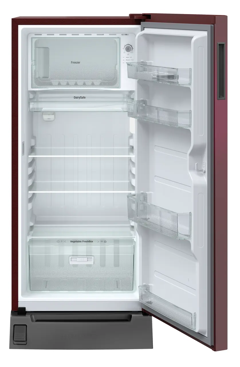 Product image, Perspective: straight open empty, Single-door fridge, 191 l in 2 star with foot pedal base drawer, Casing colour: red, Door colour: Red Wonder
