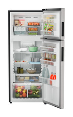Product image, Perspective: straight open decorated, Fridge-freezer with NoFrost, Casing colour: grey, Door colour: Stainless Steel