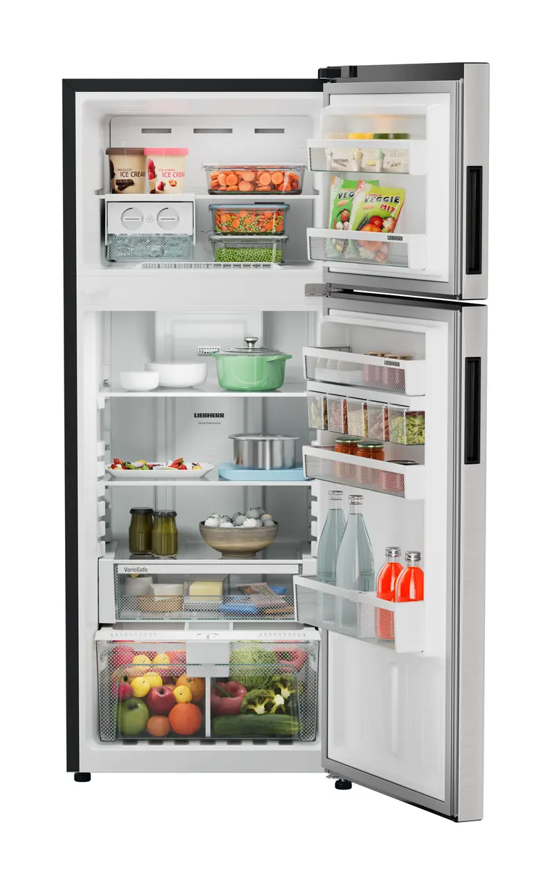 Product image, Perspective: straight open decorated, Fridge-freezer with NoFrost, Casing colour: grey, Door colour: Stainless Steel