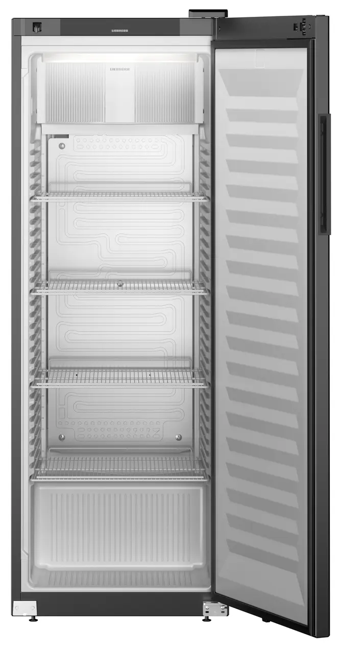 Изображение на продукта, Перспектива: Отпред, отворен, празен, Хладилник с динамично охлаждане, Цвят на корпуса: черен, Цвят на вратата: черен