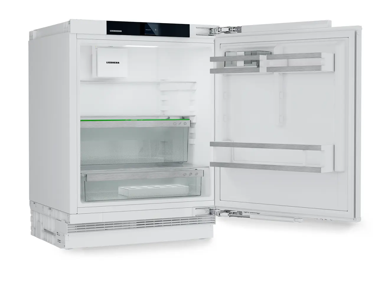 Изображение продукции, Перспектива: Под углом, с открытой дверцей, без продуктов, Холодильник подходит для установки под столешницу с системой EasyFresh.