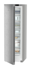 Product image, Perspective: oblique half-open decorated, Freestanding freezer with NoFrost, Casing colour: silver, Door colour: stainless steel