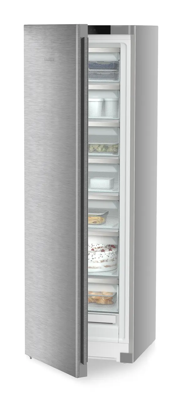 Product image, Perspective: oblique half-open decorated, Freestanding freezer with NoFrost, Casing colour: silver, Door colour: stainless steel