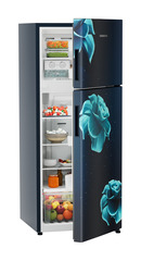 Product image, Perspective: oblique half-open decorated, Fridge-freezer with NoFrost, Casing colour: blue, Door colour: Blue Divine