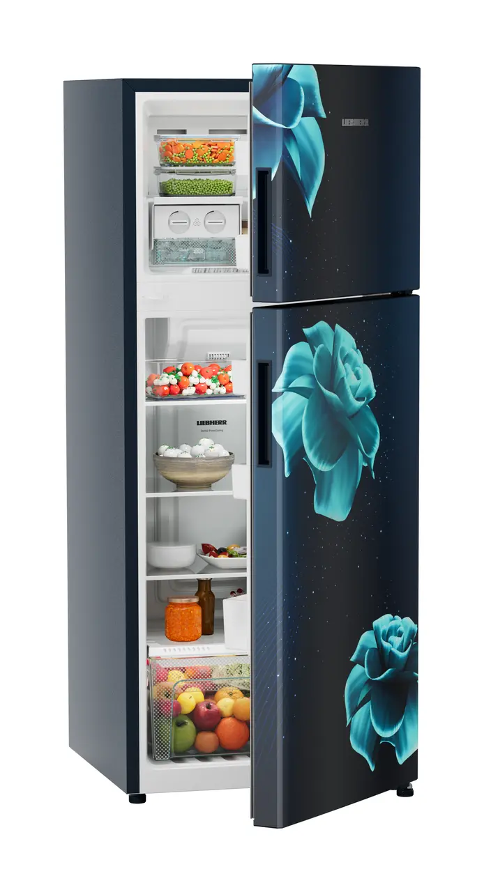 Product image, Perspective: oblique half-open decorated, Fridge-freezer with NoFrost, Casing colour: blue, Door colour: Blue Divine