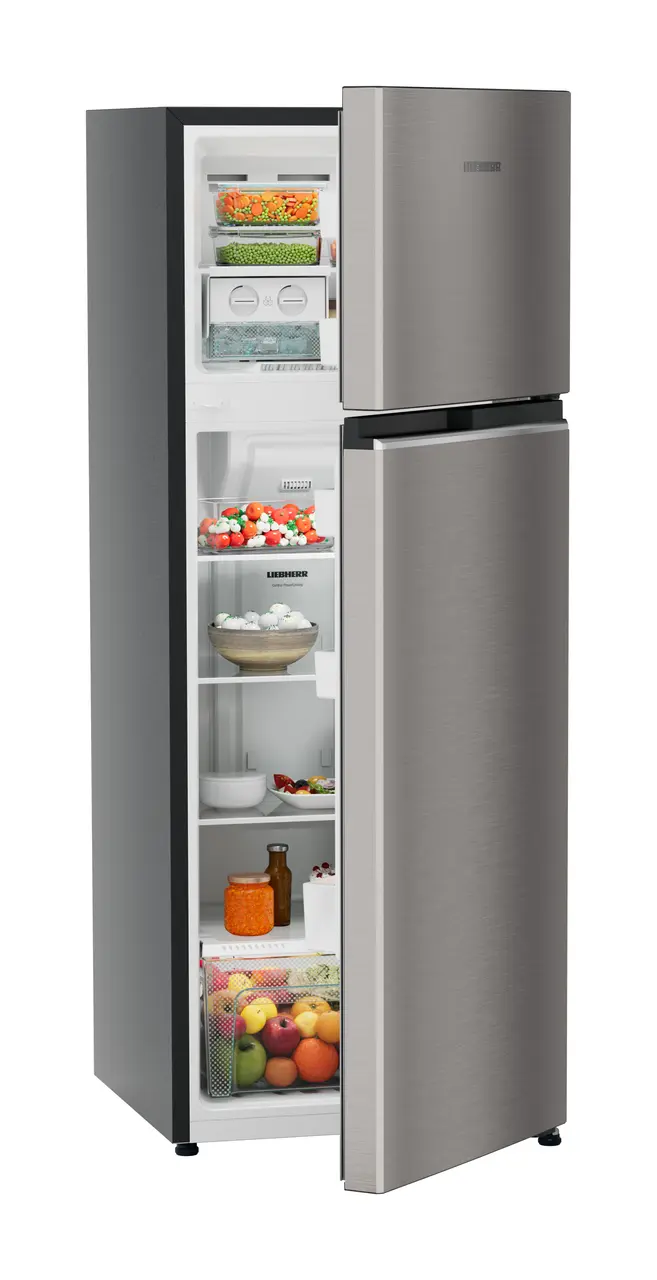 Product image, Perspective: oblique half-open decorated, Fridge-freezer with NoFrost, Casing colour: grey, Door colour: Grey Steel