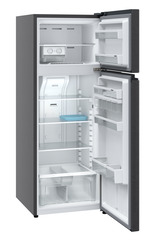 Product image, Perspective: oblique open empty, Fridge-freezer with NoFrost, Casing colour: grey, Door colour: BlackSteel