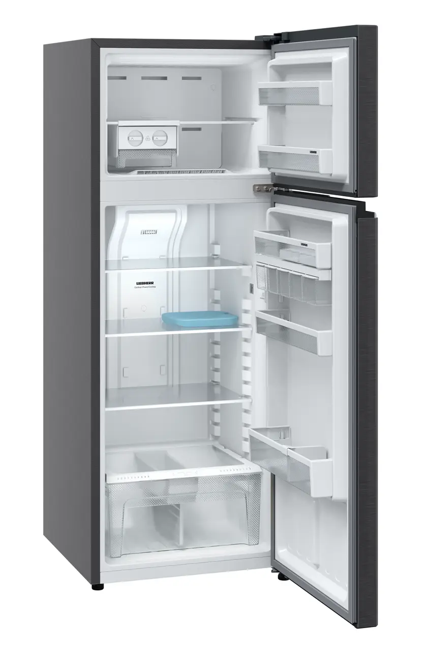 Product image, Perspective: oblique open empty, Fridge-freezer with NoFrost, Casing colour: grey, Door colour: BlackSteel
