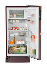 Product image, Perspective: straight open decorated, Single-door fridge, 191 l in 2 star with foot pedal base drawer, Casing colour: red, Door colour: Red Divine
