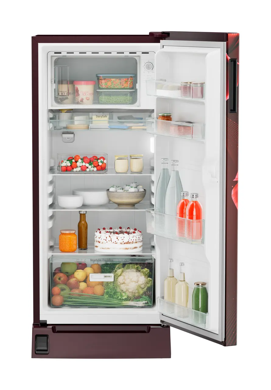 Product image, Perspective: straight open decorated, Single-door fridge, 191 l in 2 star with foot pedal base drawer, Casing colour: red, Door colour: Red Divine