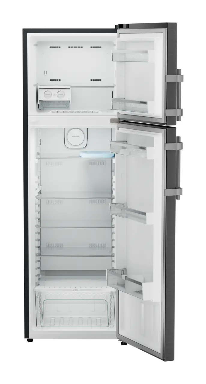 Product image, Perspective: straight open empty, Fridge-freezer with NoFrost, Casing colour: grey, Door colour: BlackSteel