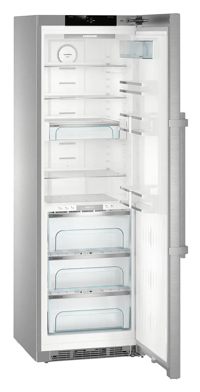 Product image, Perspective: oblique open empty, Refrigerator with BioFresh, Casing colour: stainless steel, Door colour: stainless steel
