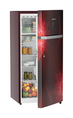 Product image, Perspective: oblique half-open decorated, Single-door refrigerator 191 l in 4 star with iCoolTouch UI, Casing colour: red, Door colour: Red Mystiq