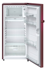 Product image, Perspective: straight open empty, Single-door refrigerator 191 l in 2 Star and with horizontal handle, Casing colour: red, Door colour: Red Hibiskus