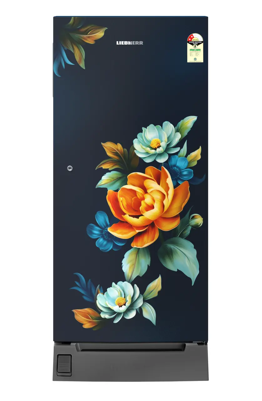 Product image, Perspective: straight closed, Single-door fridge, 191 l in 2 star with foot pedal base drawer, Casing colour: blue, Door colour: Blue Wonder