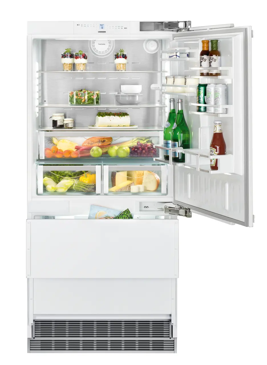 Product image, Perspective: straight open decorated, Combined refrigerator-freezer with NoFrost for integrated use