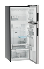Product image, Perspective: oblique open empty, Fridge-freezer with NoFrost, Casing colour: grey, Door colour: Stainless Steel