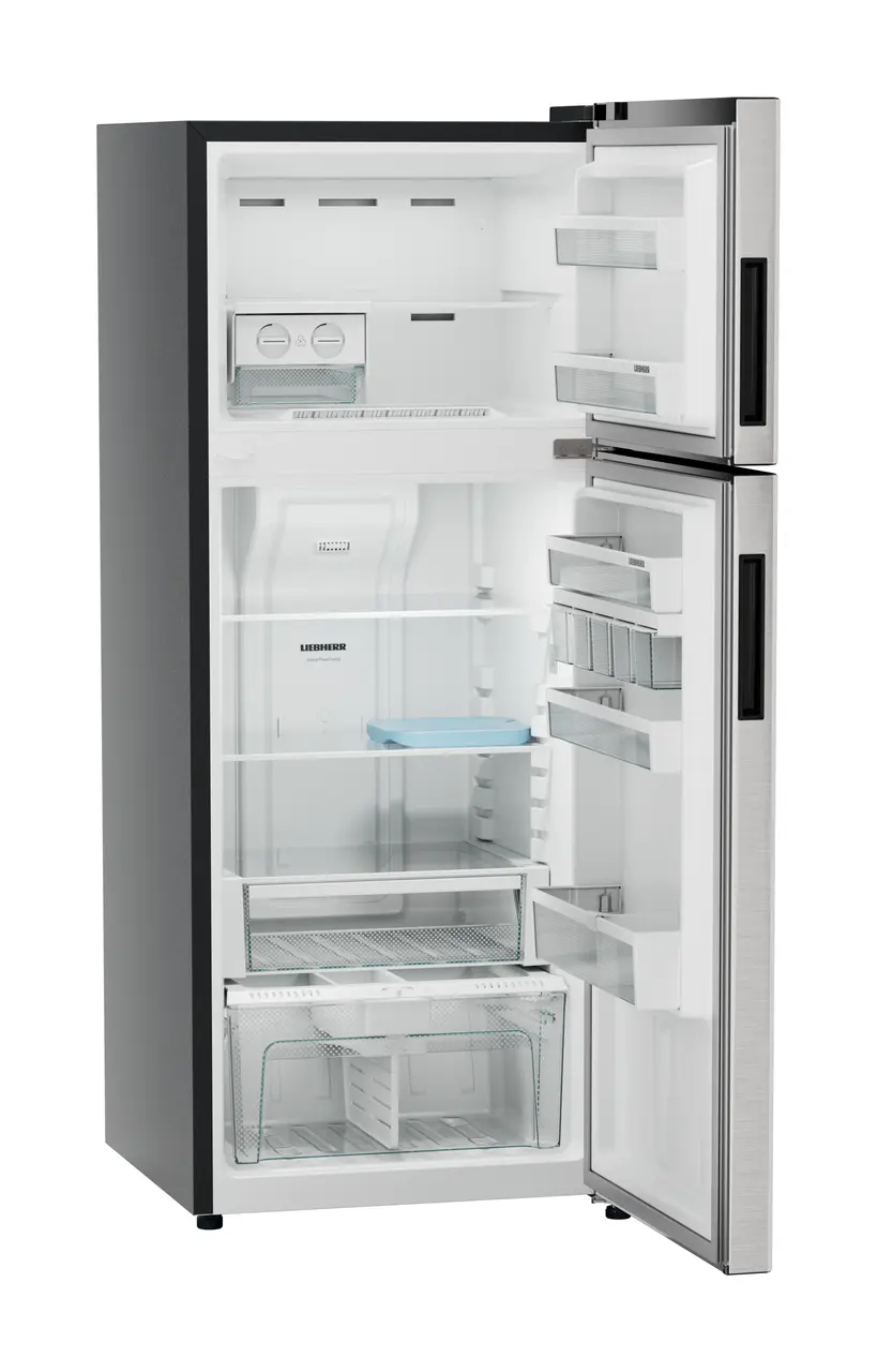 Product image, Perspective: oblique open empty, Fridge-freezer with NoFrost, Casing colour: grey, Door colour: Stainless Steel