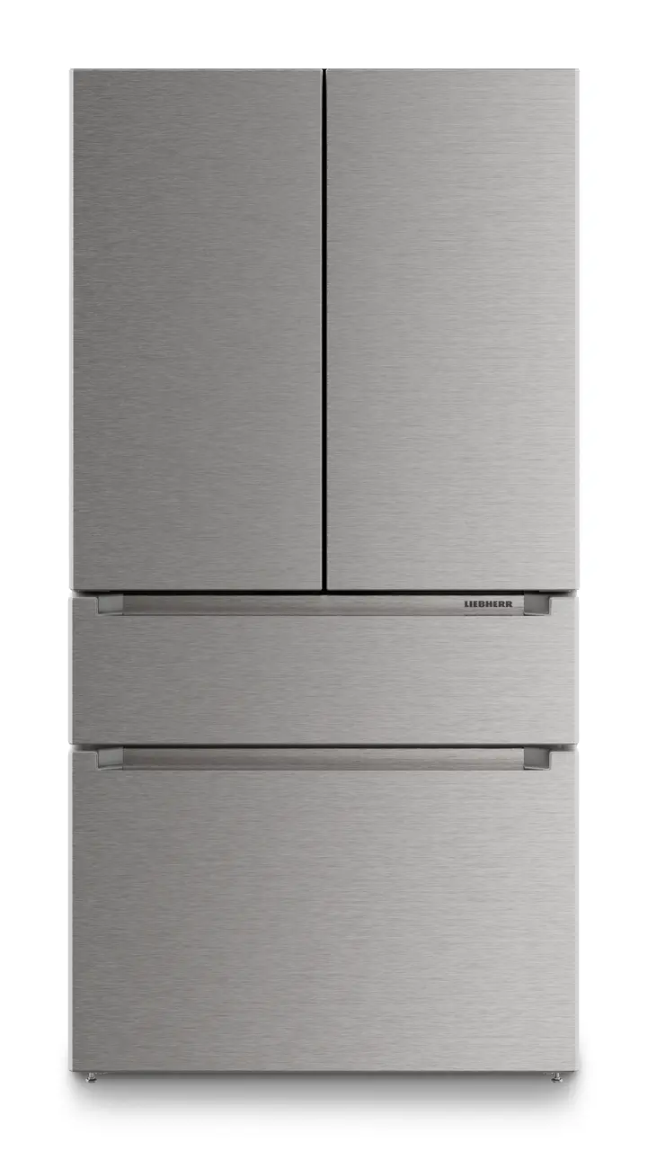 Product image, Perspective: straight closed, French Door fridge-freezer with 2 freezer drawers and IceMaker and InfinitySpring, Casing colour: silver, Door colour: stainless steel