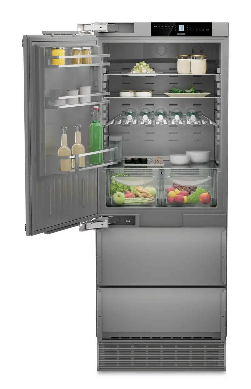 Product image, Perspective: straight open decorated, Combined refrigerator-freezer with NoFrost for integrated use, Casing colour: Anthracite