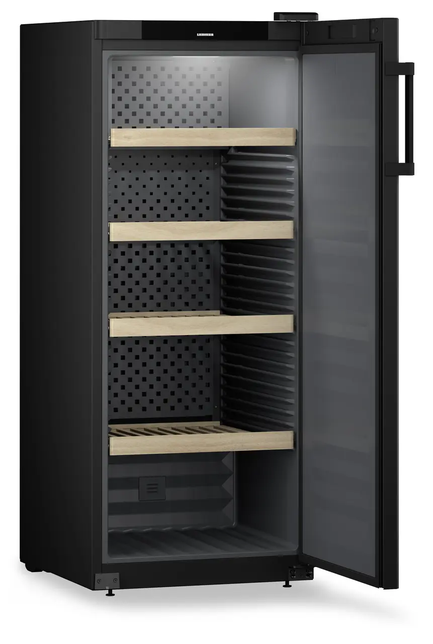 Product image, Perspective: oblique open empty, Wine storage cabinet, Casing colour: black, Door colour: black