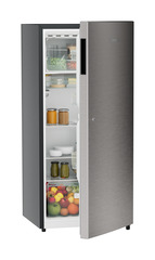 Product image, Perspective: oblique half-open decorated, Single-door refrigerator 202 l in 3 star with VegFresh box, Casing colour: grey, Door colour: Stainless Steel