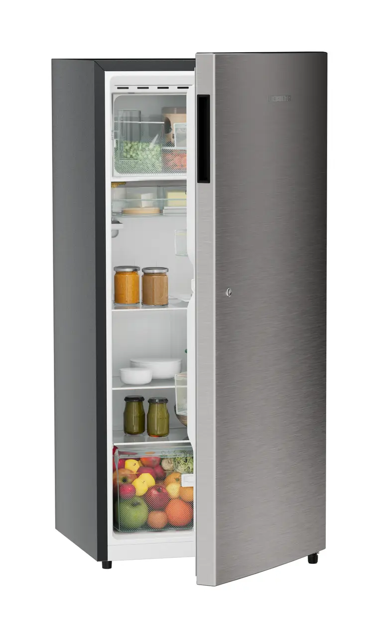 Product image, Perspective: oblique half-open decorated, Single-door refrigerator 202 l in 3 star with VegFresh box, Casing colour: grey, Door colour: Stainless Steel