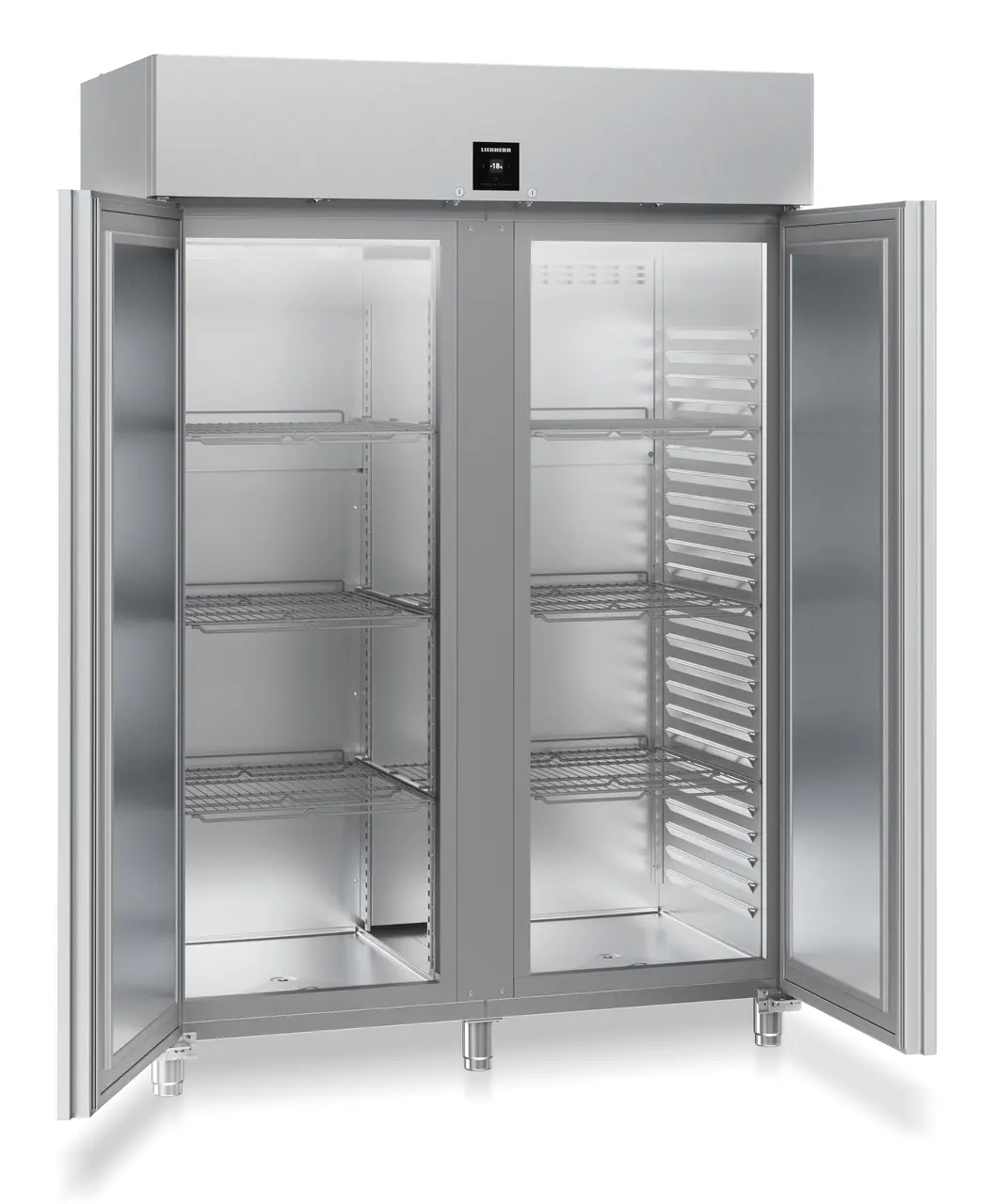 Product image, Perspective: oblique open empty, Forced-air freezer GN 2/1, Casing colour: stainless steel, Door colour: stainless steel