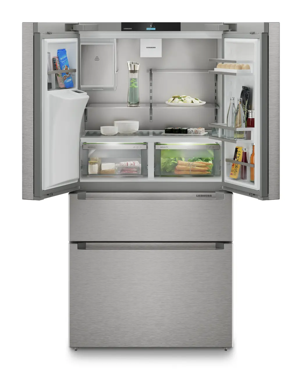 Slika izdelka, Perspektiva: Od spredaj, odprto, dekorirano, Hladilnik z zamrzovalnikom s francoskimi vrati z 2 zamrzovalnima predaloma in razpršilnikom vode in ledenih kock, Barva ohišja: srebrna, Barva vrat: nerjavno jeklo