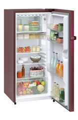 Product image, Perspective: oblique open decorated, Single-door fridge 191 l in 1 star with inverter compressor, Casing colour: red, Door colour: Red Wonder