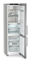Product image, Perspective: oblique open empty, Fridge-freezer with BioFresh and NoFrost, Casing colour: silver, Door colour: stainless steel