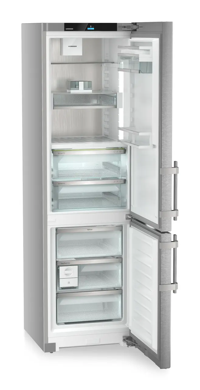 Product image, Perspective: oblique open empty, Fridge-freezer with BioFresh and NoFrost, Casing colour: silver, Door colour: stainless steel