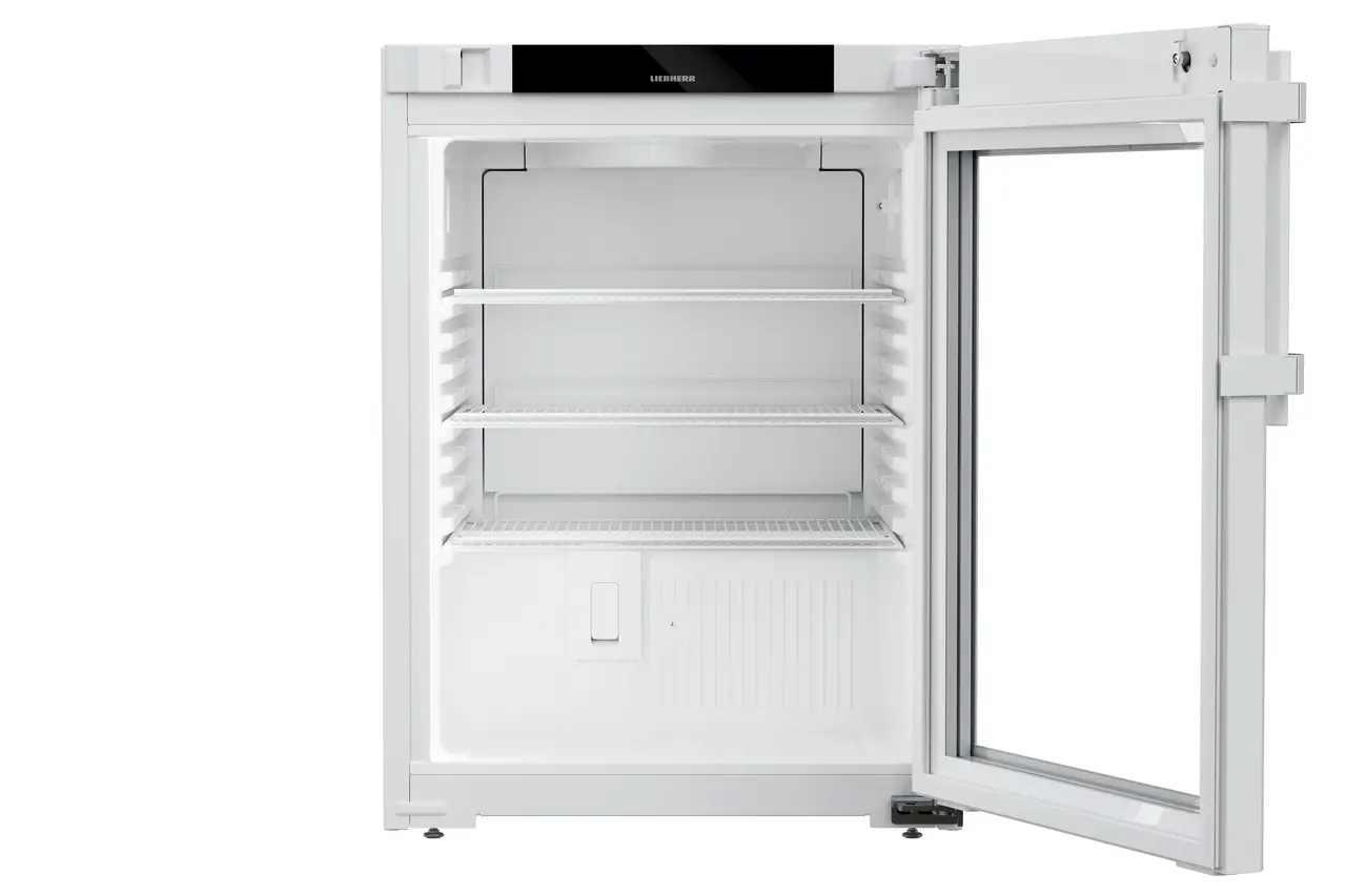 Produkt-Bild, Perspektive: gerade offen leer, Laborkühlgerät mit Umluftkühlung, Gehäusefarbe: Weiß, Türfarbe: Weiß