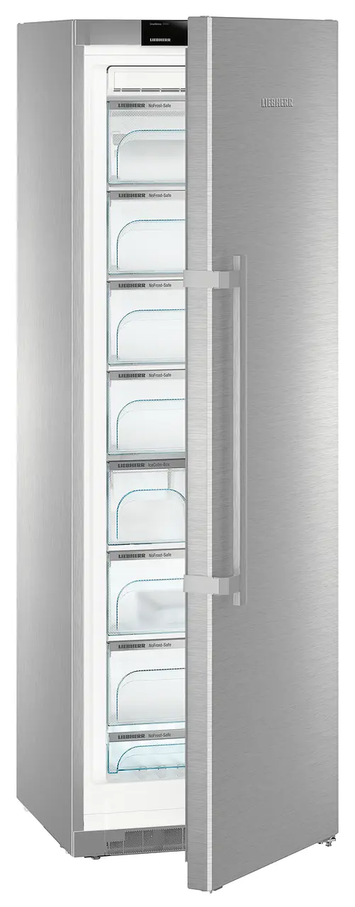 Product image, Perspective: oblique half-open empty, Freestanding freezer with NoFrost, Casing colour: stainless steel, Door colour: stainless steel